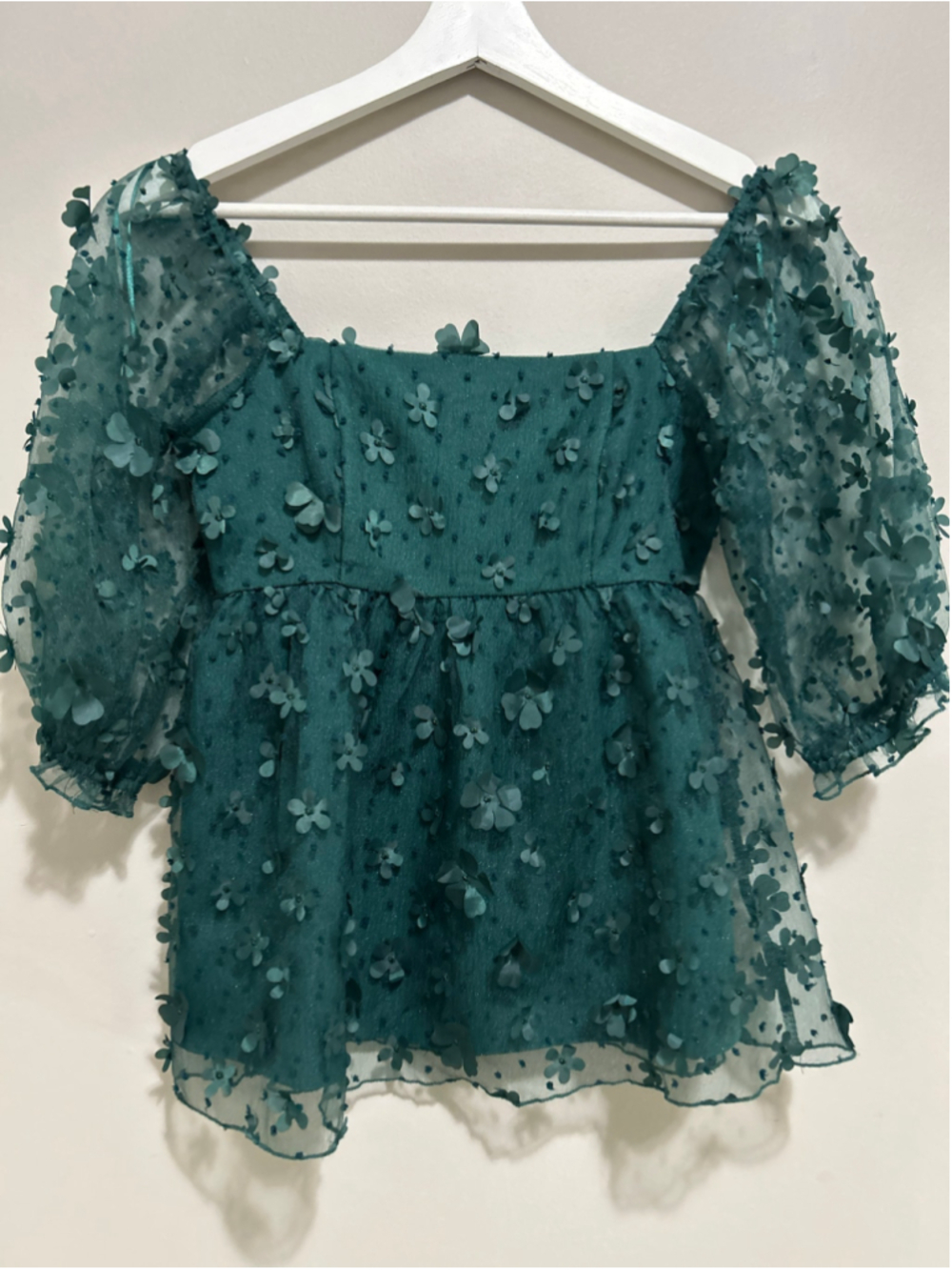 Women's Floral Applique Mesh Blouse Green Size S